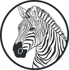 Black and white illustration of a zebra head in profile with detailed stripes and mane inside a circular frame