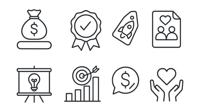 Line style icons of campaign success: fully funded icon, completed goal badge, successful launch tag, donor celebration file, funded project board, target met chart, fund completed bubble, backer