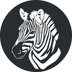 Black and white silhouette of a zebra head with detailed stripes in a circular frame
