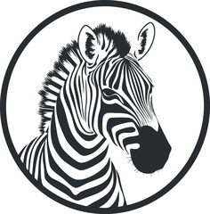 Monochrome stylized illustration of a zebra head with detailed stripes inside a circular frame
