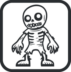Cartoon skeleton monster with creepy eyes and jagged teeth in black and white illustration