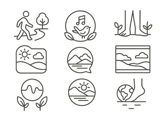Line style icons of nature-based relaxation: outdoor walk icon, nature sounds badge, sun exposure tag, grounding walk file, nature view board, fresh air chart, peaceful scenery bubble, earth
