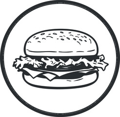 Black and white hand-drawn illustration of a classic hamburger with cheese and lettuce in a round frame