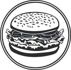 Black and white illustration of a classic burger sandwich with lettuce and tomato on a sesame bun inside a circular outline
