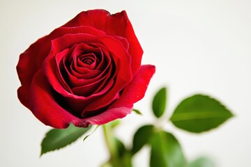 Close up of a vibrant red rose with soft petals and green leaves against a white background