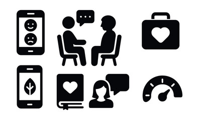 Solid style icons of mental health tools: mood tracker, therapy session, emotion wheel, self-care kit, breathing app, journal icon, support chat, stress gauge.