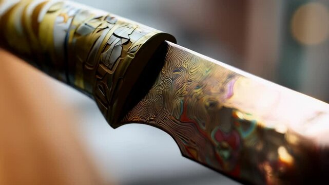 Exquisite crafted knife showcasing Damascus steel with vibrant, intricate patterned blade and bolster in a close-up, luxury artisanal craftsmanship