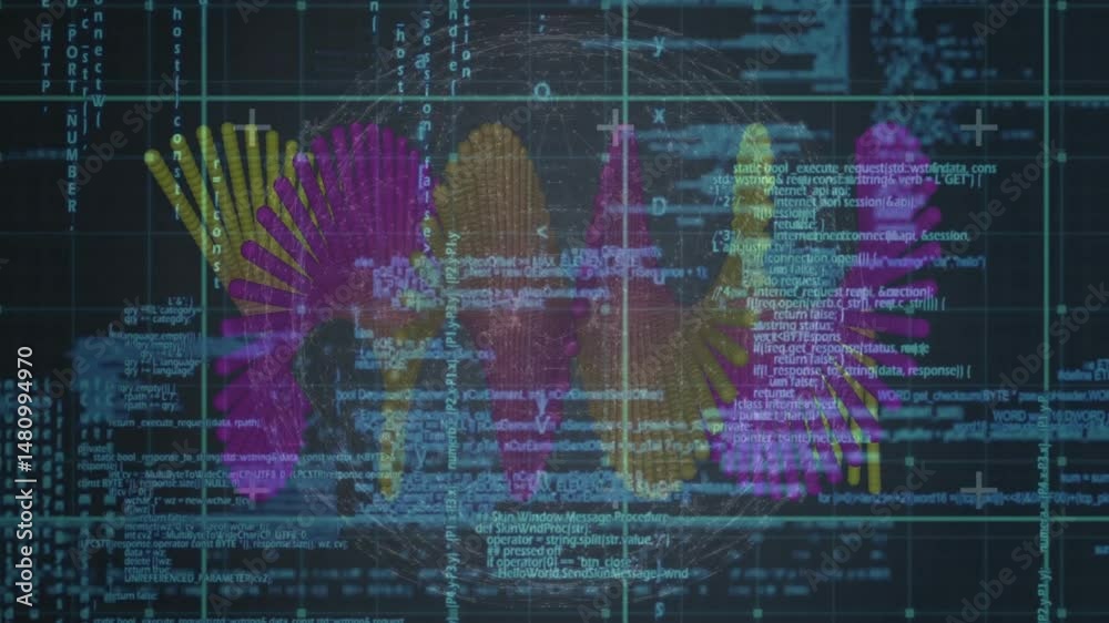 Poster showing wireframe sphere visualizing network with radial bars over code overlay on turquoise grid