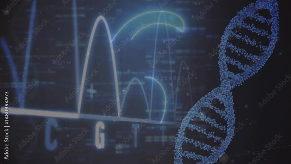 Poster visualizing 3d-rendered dna helix rotating beside glowing waveform with numeral six, data readouts