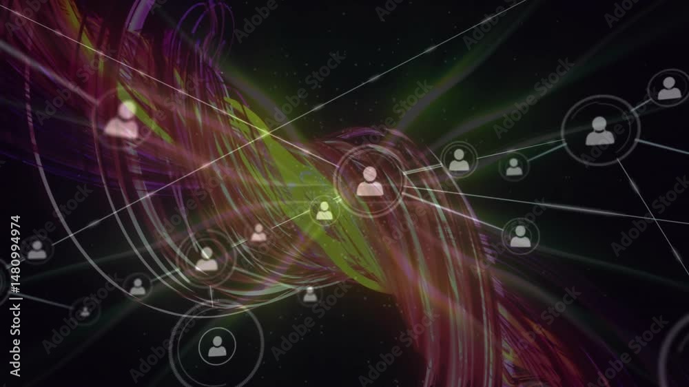 Poster digital network streaming through cosmic void, linking user-node icons with thin white lines