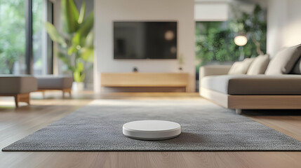 White Smart Home Device on Grey Carpet in Modern Living Room