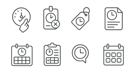 Line style icons of work hours management: clock in icon, clock out badge, work time tag, hours log file, shift schedule board, attendance chart, overtime bubble, work schedule symbol.