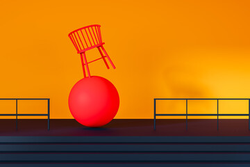 Balancing Red Chair on Sphere Against Orange Background – Ideal for Modern Art Blogs, Editorials, or Abstract Design Wallpapers

