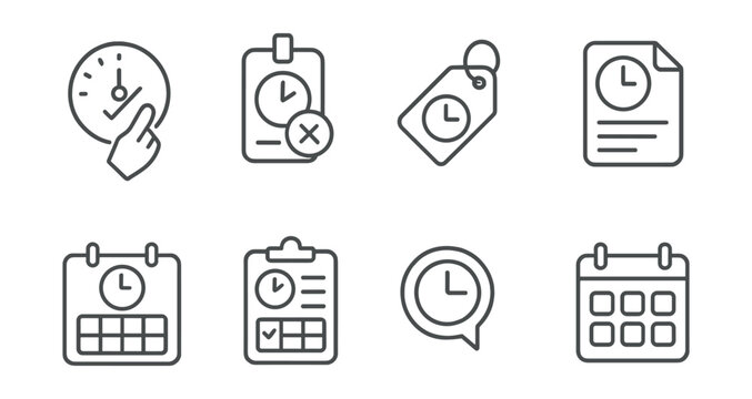 Line style icons of work hours management: clock in icon, clock out badge, work time tag, hours log file, shift schedule board, attendance chart, overtime bubble, work schedule symbol.