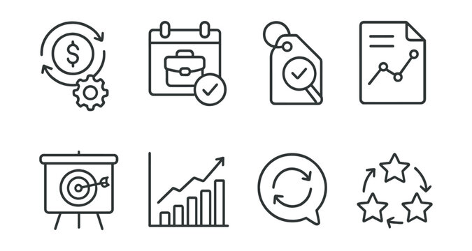 Line style icons of monthly investment planning: auto-invest icon, portfolio calendar badge, monthly review tag, performance dashboard file, monthly targets board, DCA strategy chart, review + adjust