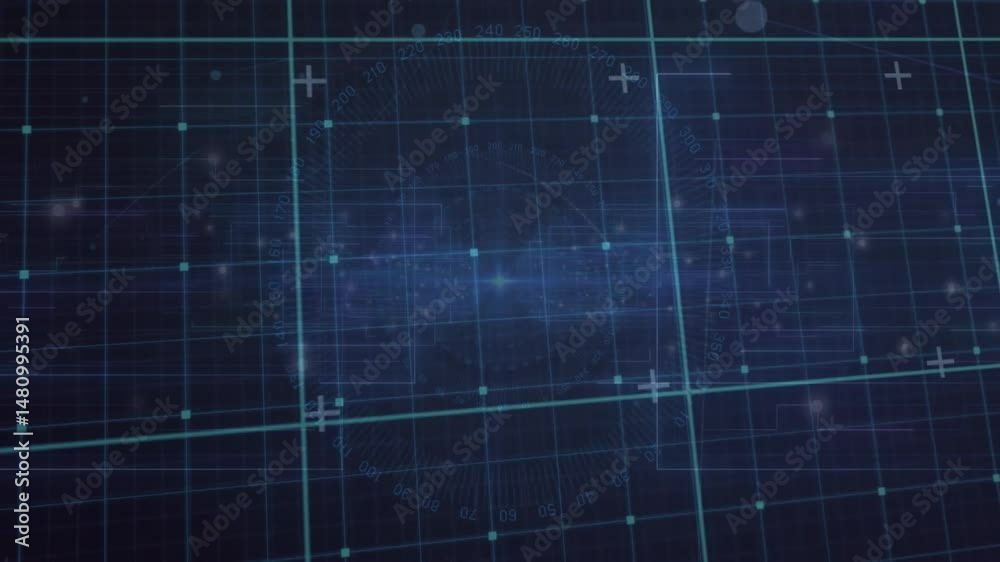 Poster digital neon gridlines display being animated, showing glowing nodes with protractor scale