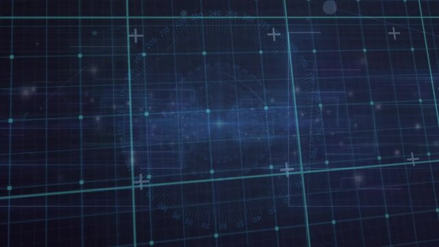 Digital neon gridlines display being animated, showing glowing nodes with protractor scale