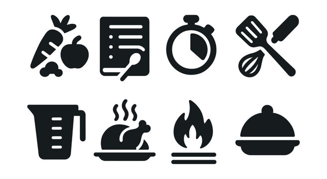 Solid style icons of food recipes: ingredients icon, recipe steps, cooking timer, kitchen tools, measuring cup, food icon, heat level, meal preview.