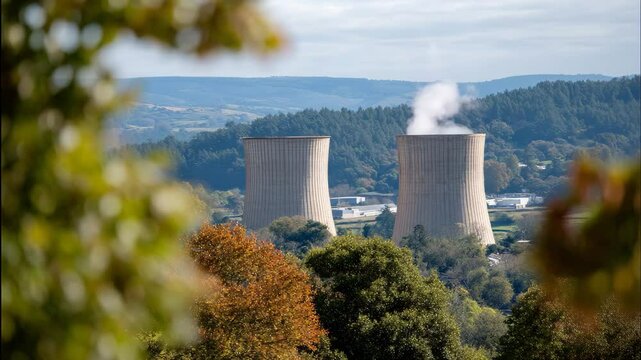 The iconic cooling towers of a nuclear power station rise amidst a scenic backdrop, conveying a strong message about energy production and environmental impacts.