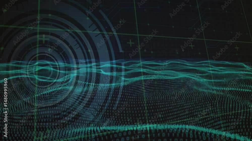 Poster undulating digital waveforms flowing over circuit grid, overlaying binary code with 3d hud circles