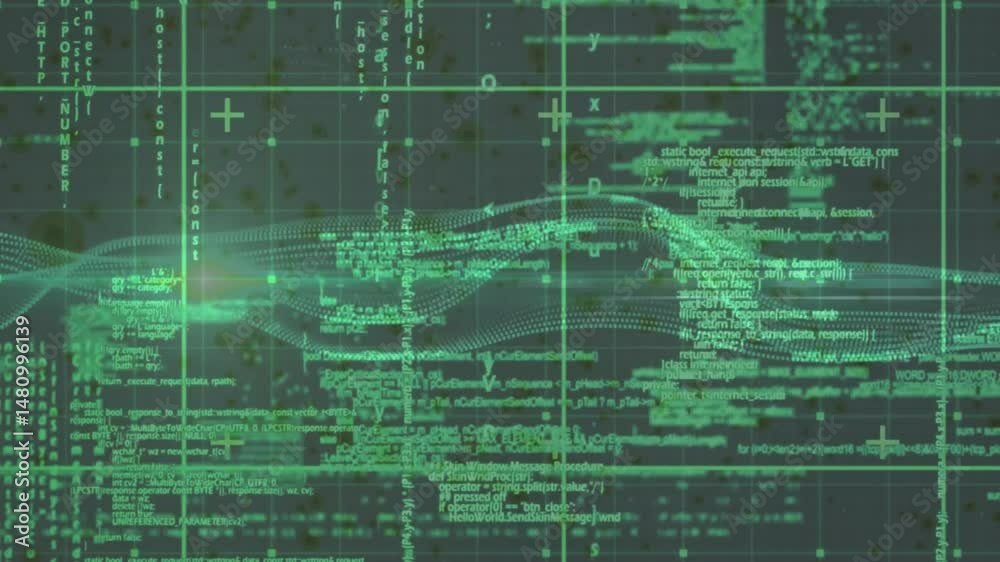 Aufkleber dotted wave streams flowing through flat design network interface, displaying grid lines and code