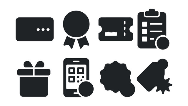 Solid style icons of pharmacy loyalty programs: points card, reward badge, birthday coupon, purchase tracker, exclusive offer, app scan, membership tier, special deal.