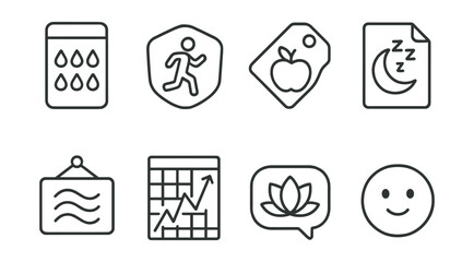 Line style icons of daily wellness tools: water tracker icon, exercise reminder badge, nutrition log tag, sleep monitor file, breathing exercise board, stress check chart, mindfulness bubble, mood