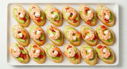 Overhead View of Appetizing Shrimp and Avocado Appetizers on a White Serving Tray with a Clean White Background