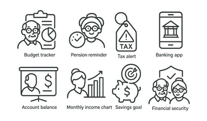 Line style icons of financial management for seniors: budget tracker icon, pension reminder badge, tax alert tag, banking app file, account balance board, monthly income chart, savings goal bubble,