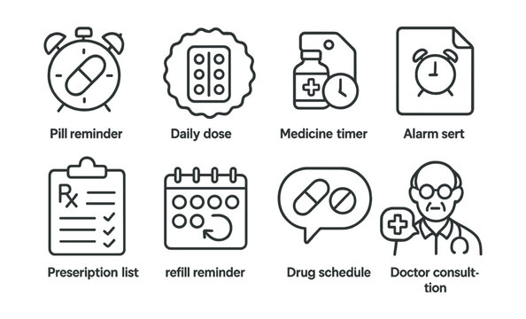 Line style icons of medication reminders for seniors: pill reminder icon, daily dose badge, medicine timer tag, alarm set file, prescription list board, refill reminder chart, drug schedule bubble,