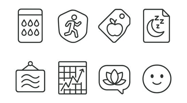 Line style icons of daily wellness tools: water tracker icon, exercise reminder badge, nutrition log tag, sleep monitor file, breathing exercise board, stress check chart, mindfulness bubble, mood