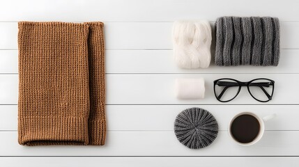 Cozy Winter Accessories Flatlay: Knitted Scarf Gloves and Coffee