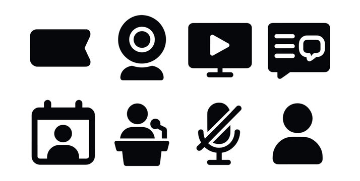 Solid style icons of virtual events: live badge, webcam, streaming icon, chat feed, event calendar, speaker icon, mic mute, attendee icon.