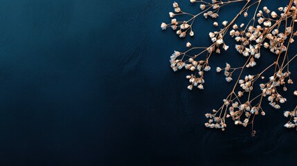Dried white flowers on dark blue textured background minimalist floral design