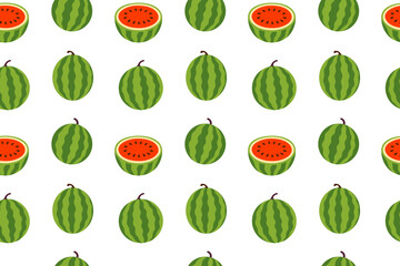 Pattern featuring whole round green-striped watermelons and halved melons with red flesh on a white background