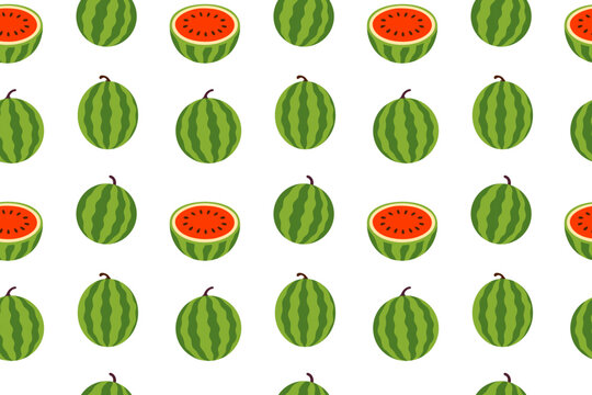Pattern featuring whole round green-striped watermelons and halved melons with red flesh on a white background
