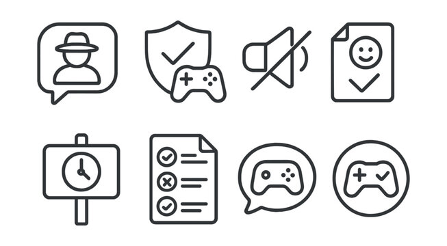 Line style icons of online game safety: stranger in chat icon, game invite badge, voice mute tag, screen name check file, time limit board, in-game rules chart, private lobby bubble, game safe zone