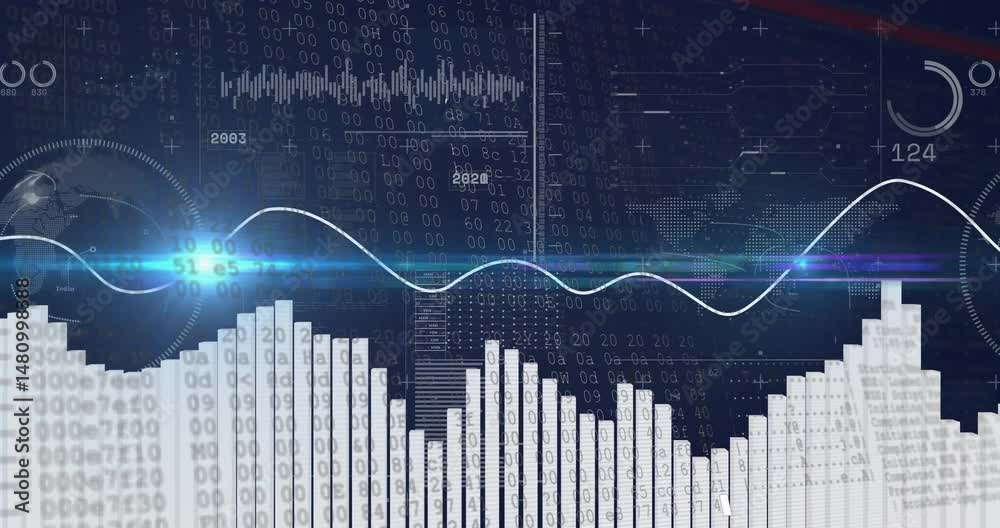 Poster sinusoidal wave flowing across blue data ui, binary codes drifting, gauges rotating in flat design