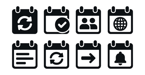 Solid style icons of calendar utilities: repeat icon, event badge, meeting slot, time zone, daily view, sync icon, reschedule, add reminder.