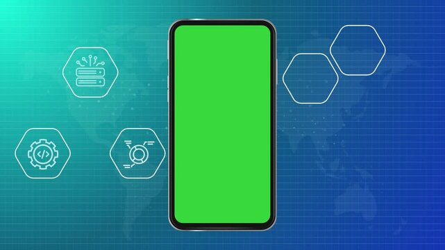 Icon blue background green screen chroma key empty smartphone mobile phone template artificial intelligence infrastructure coding programming