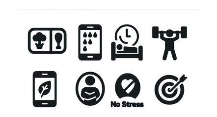 Solid style icons of healthy lifestyle: meal prep, water tracker, sleep cycle, workout session, breathing app, no stress icon, daily habits, health goals.