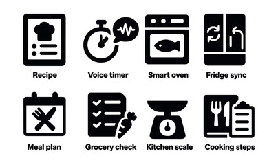 Solid style icons of smart kitchen features: recipe screen, voice timer, smart oven, fridge sync, meal plan, grocery check, kitchen scale, cooking steps.