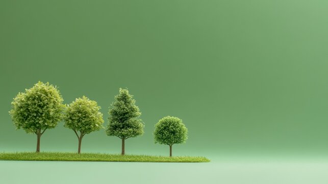 Four miniature trees on a small patch of grass against a green background.