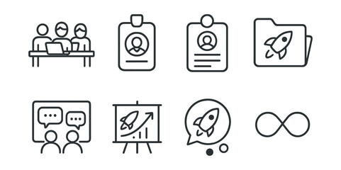 Line style icons of startup community support: coworking space icon, founder meetup badge, startup mentor tag, accelerator file, peer support board, pitch feedback chart, community launch bubble,