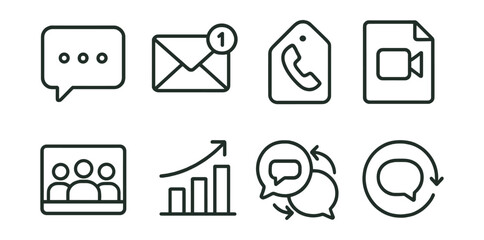 Line style icons of remote communication tools: instant message icon, email inbox badge, call-back request tag, video chat file, team huddle board, task update chart, feedback loop bubble, async