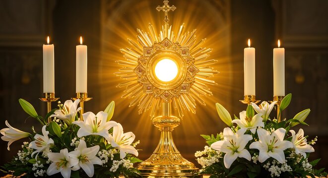 Golden Monstrance with Radiance Surrounded by Candles and White Lilies at Church Adoration Ceremony