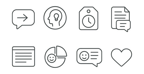 Line style icons of chat response styles: quick reply icon, thoughtful response badge, delayed response tag, short reply file, detailed message board, emoji-only chart, emoji with words bubble, heart