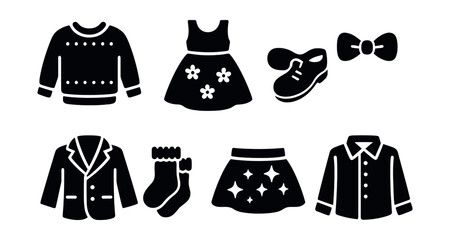 Solid style icons of festive children’s clothing: holiday sweater, party dress, bow tie, dress shoes, velvet jacket, lace socks, sparkly skirt, fancy shirt.
