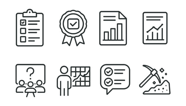 Line style icons of data collection tools: survey icon, feedback form badge, questionnaire tag, poll results file, audience quiz board, user input chart, response rate bubble, data mining symbol.
