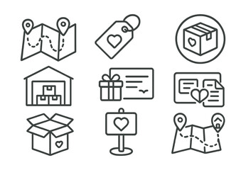 Line style icons of gift-in-kind and logistics: supply logistics map, goods donation tag, shipment for aid badge, warehouse distribution icon, gift card for good file, bulk donation box, collection